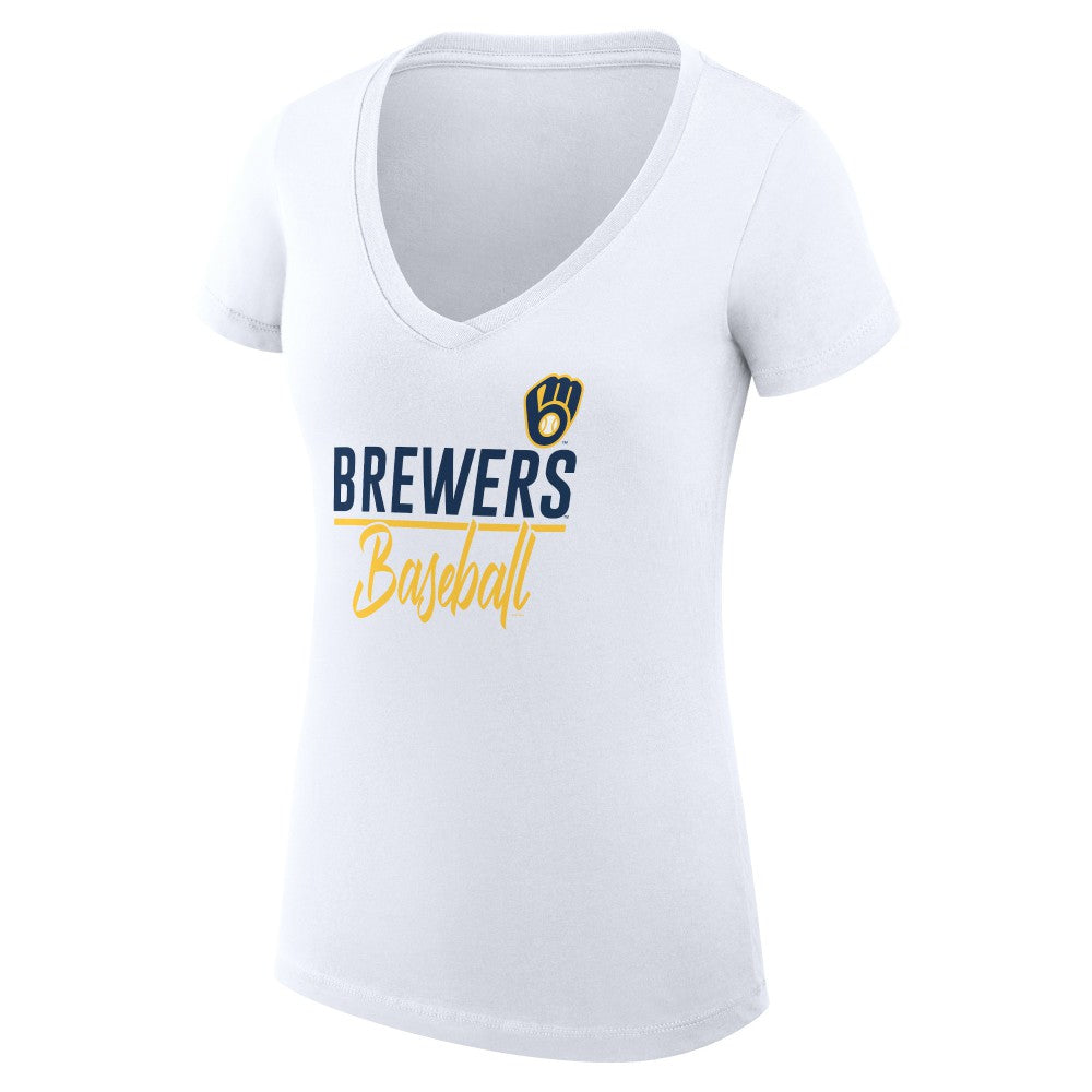 Milwaukee Brewers G-III 4Her by Carl Banks Women's Super-Slim Fit Lightweight Team Graphic V-Neck T-Shirt White