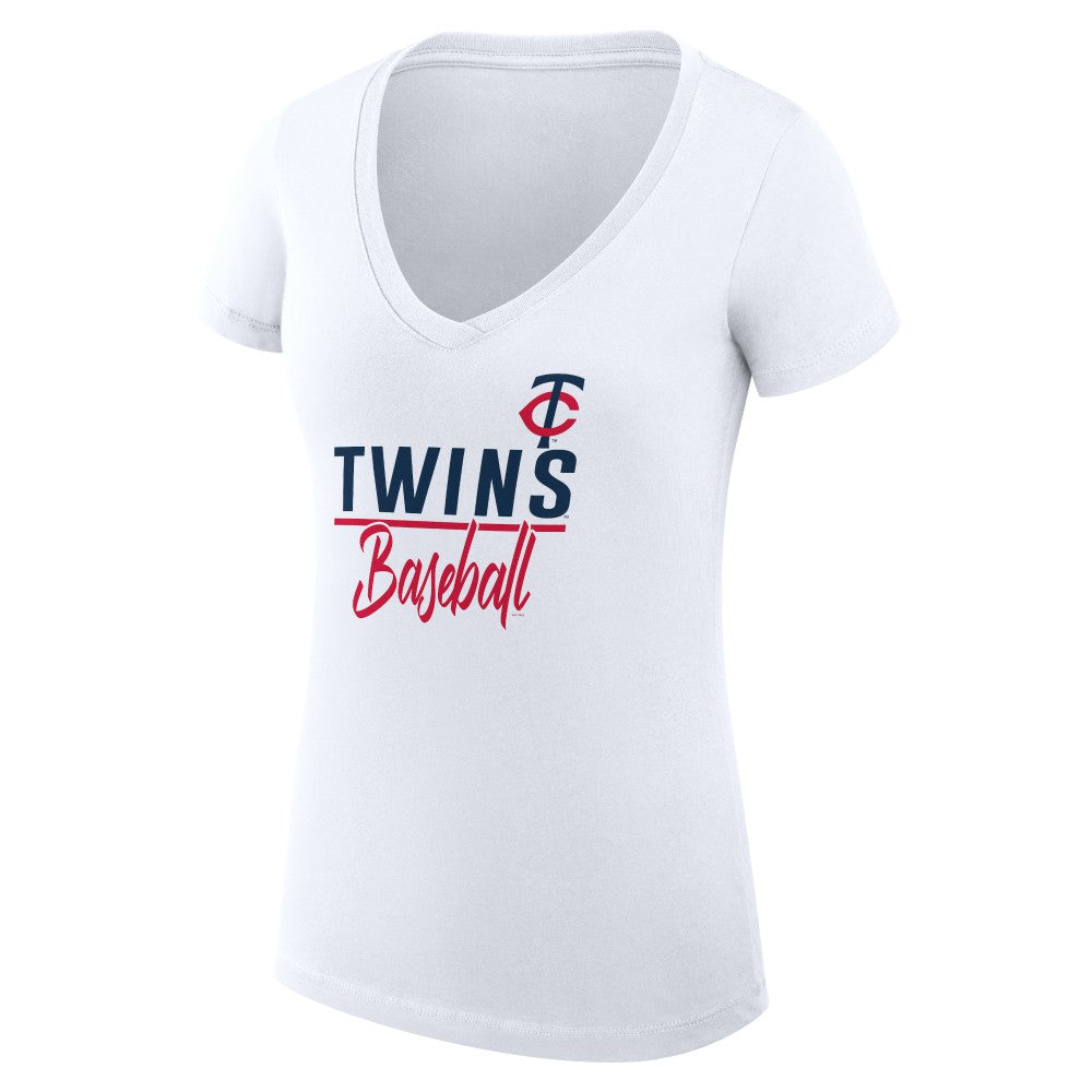 Minnesota Twins G-III 4Her by Carl Banks Women's Super-Slim Fit Lightweight Team Graphic V-Neck T-Shirt White