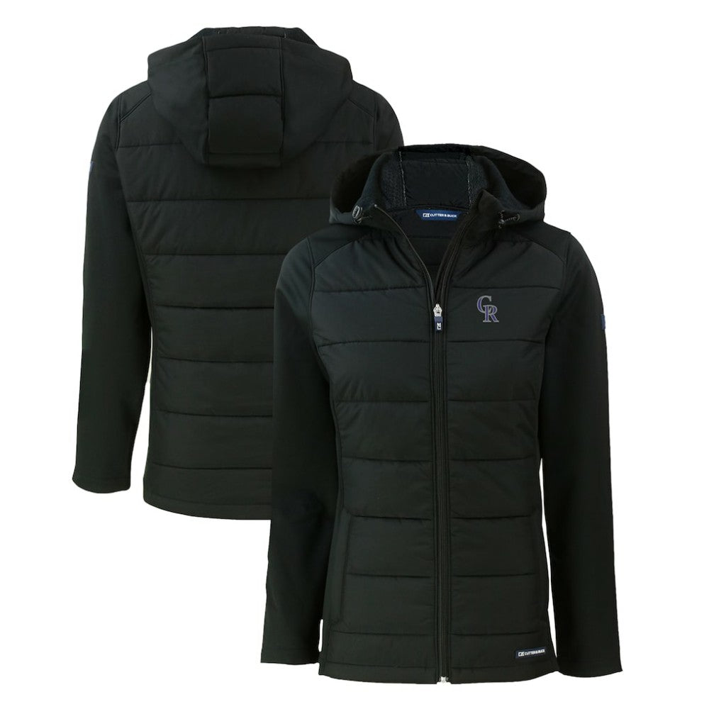 Colorado Rockies Cutter & Buck Women's Evoke Hybrid Eco Softshell Recycled Full-Zip Hoodie Jacket Black
