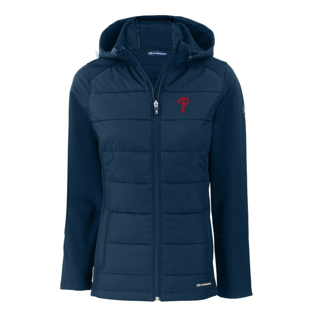 Philadelphia Phillies Cutter & Buck Women's Evoke Hybrid Eco Softshell Recycled Full-Zip Hoodie Jacket Navy