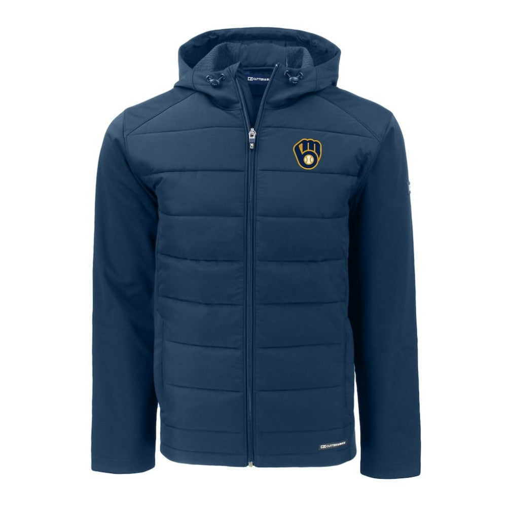Milwaukee Brewers Cutter & Buck Big & Tall Evoke Hybrid Eco Softshell Recycled Full-Zip Hoodie Navy