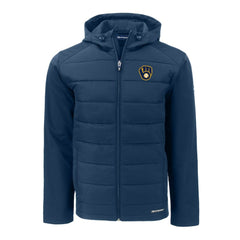 Milwaukee Brewers Cutter & Buck Big & Tall Evoke Hybrid Eco Softshell Recycled Full-Zip Hoodie Navy