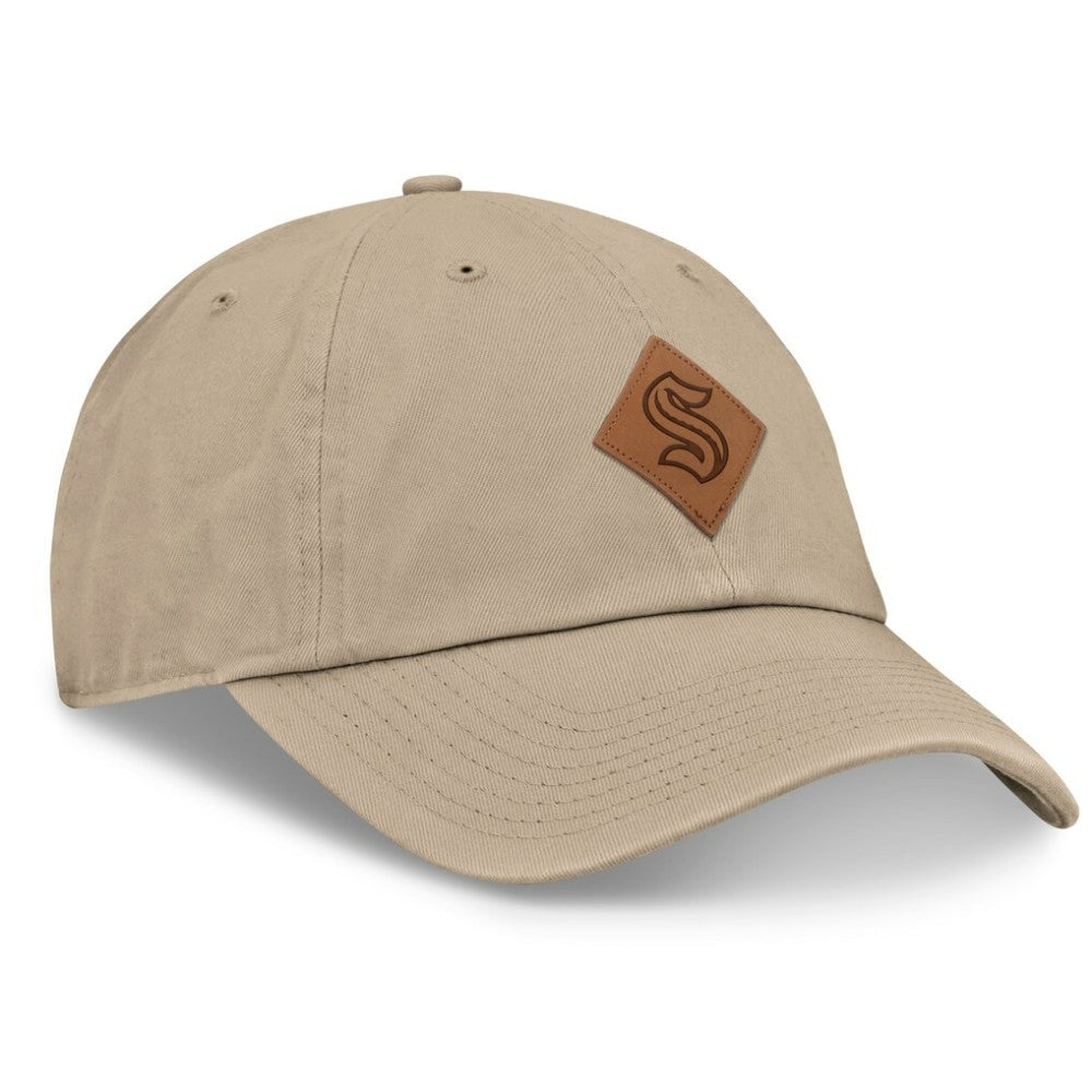 Seattle Kraken Fanatics Elements Unstructured Patch Leather Strapback Hat Khaki