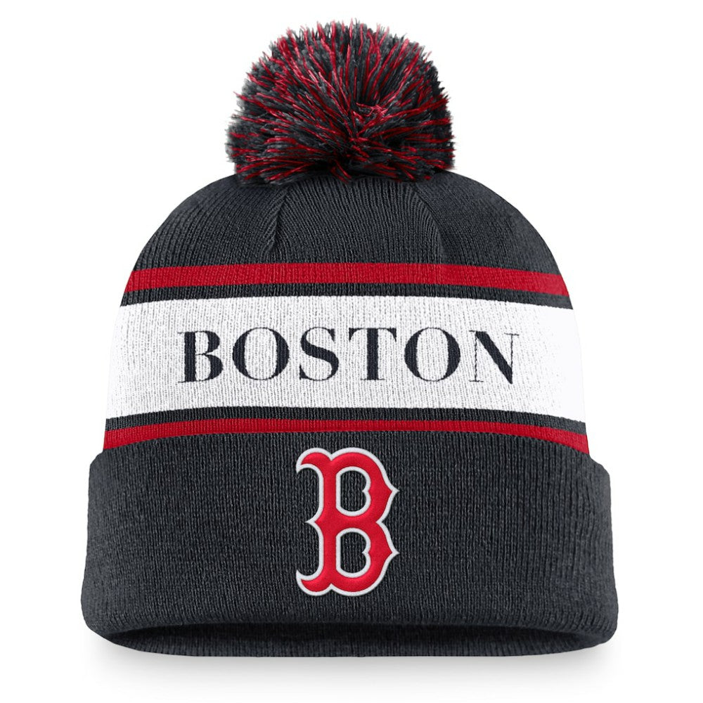 Boston Red Sox Team Stripe Peak Cuffed Knit Hat with Pom Navy | Nike