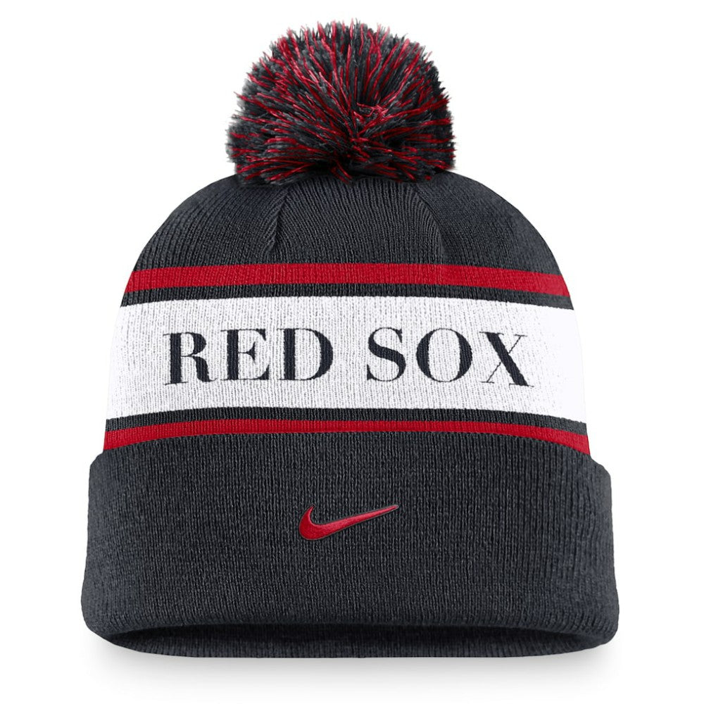 Boston Red Sox Team Stripe Peak Cuffed Knit Hat with Pom Navy | Nike