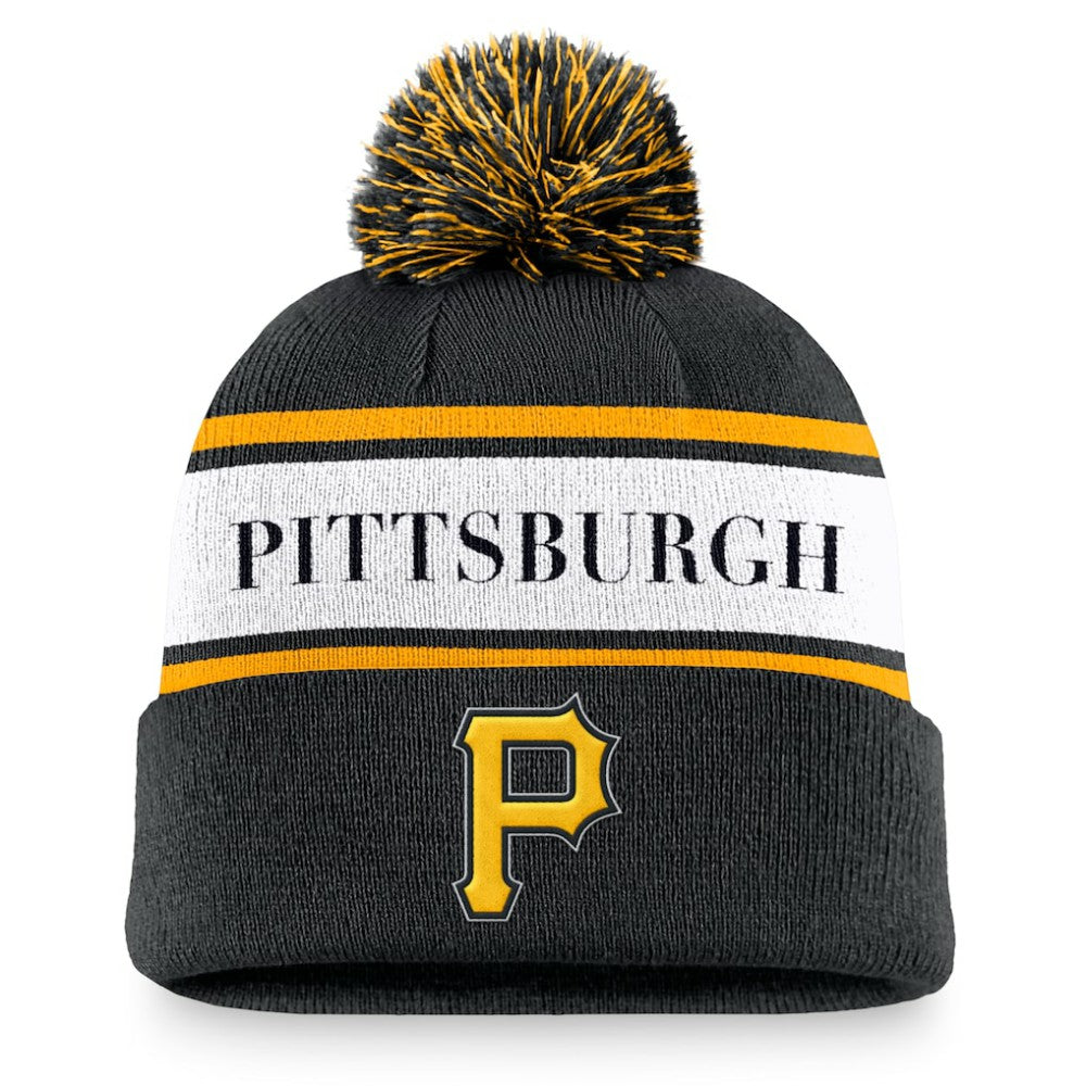 Pittsburgh Pirates Team Stripe Peak Cuffed Knit Hat with Pom Black | Nike