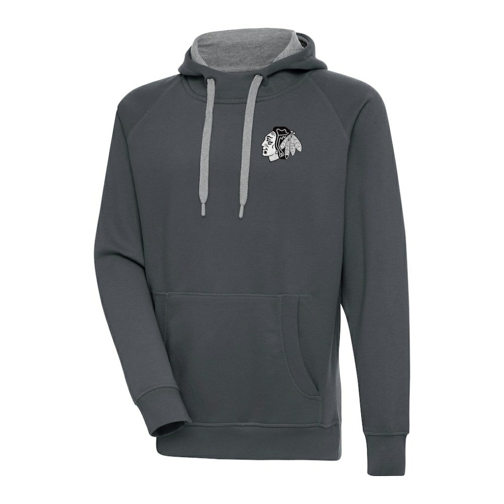 Chicago Blackhawks Antigua Metallic Logo Victory Pullover Hoodie Charcoal