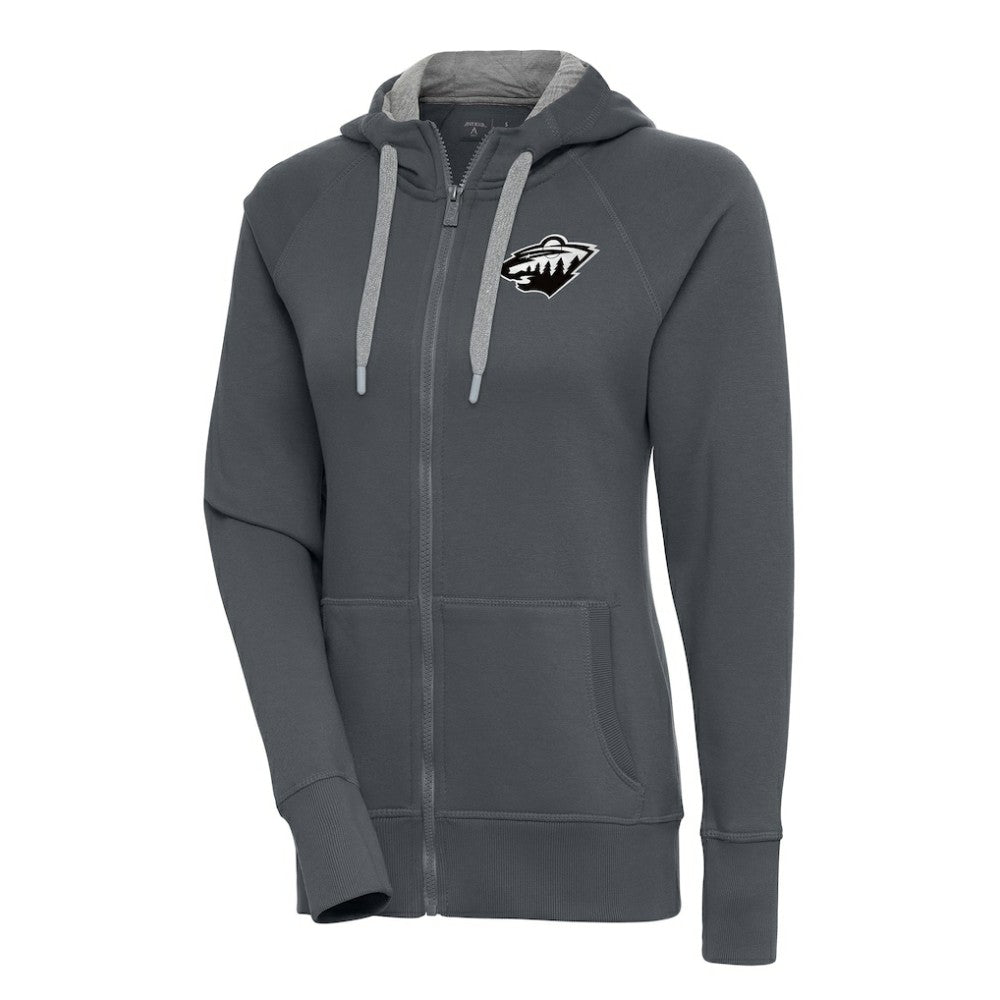 Minnesota Wild Antigua Women's Metallic Logo Victory Full-Zip Hoodie Charcoal