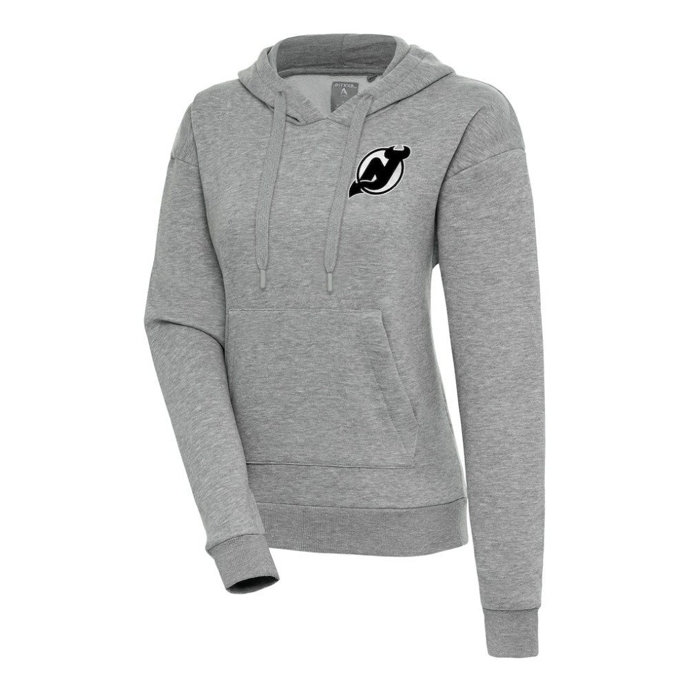 New Jersey Devils Antigua Women's Metallic Logo Victory Pullover Hoodie Heather Gray