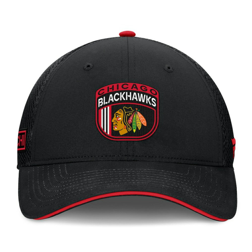 Chicago Blackhawks Fanatics 2024 NHL Draft On Stage Trucker Adjustable Hat Black
