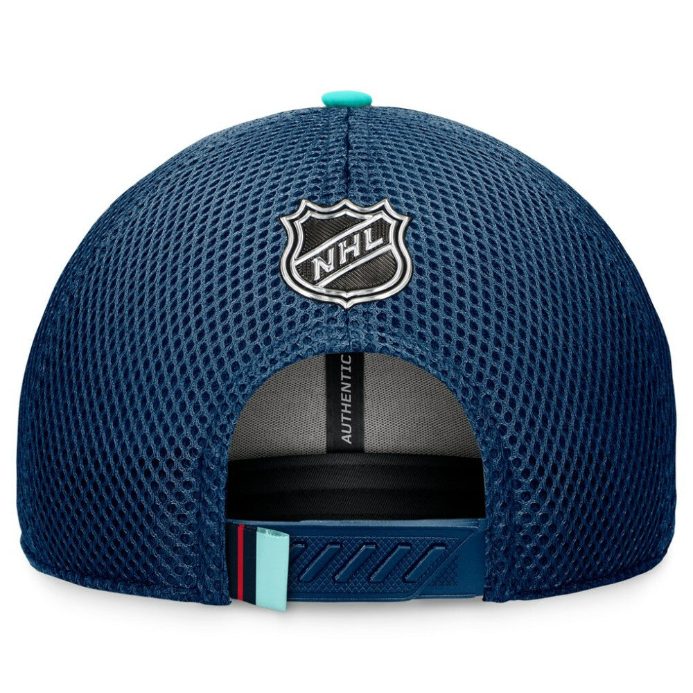 Seattle Kraken Fanatics 2024 NHL Draft On Stage Trucker Adjustable Hat Deep Sea Blue