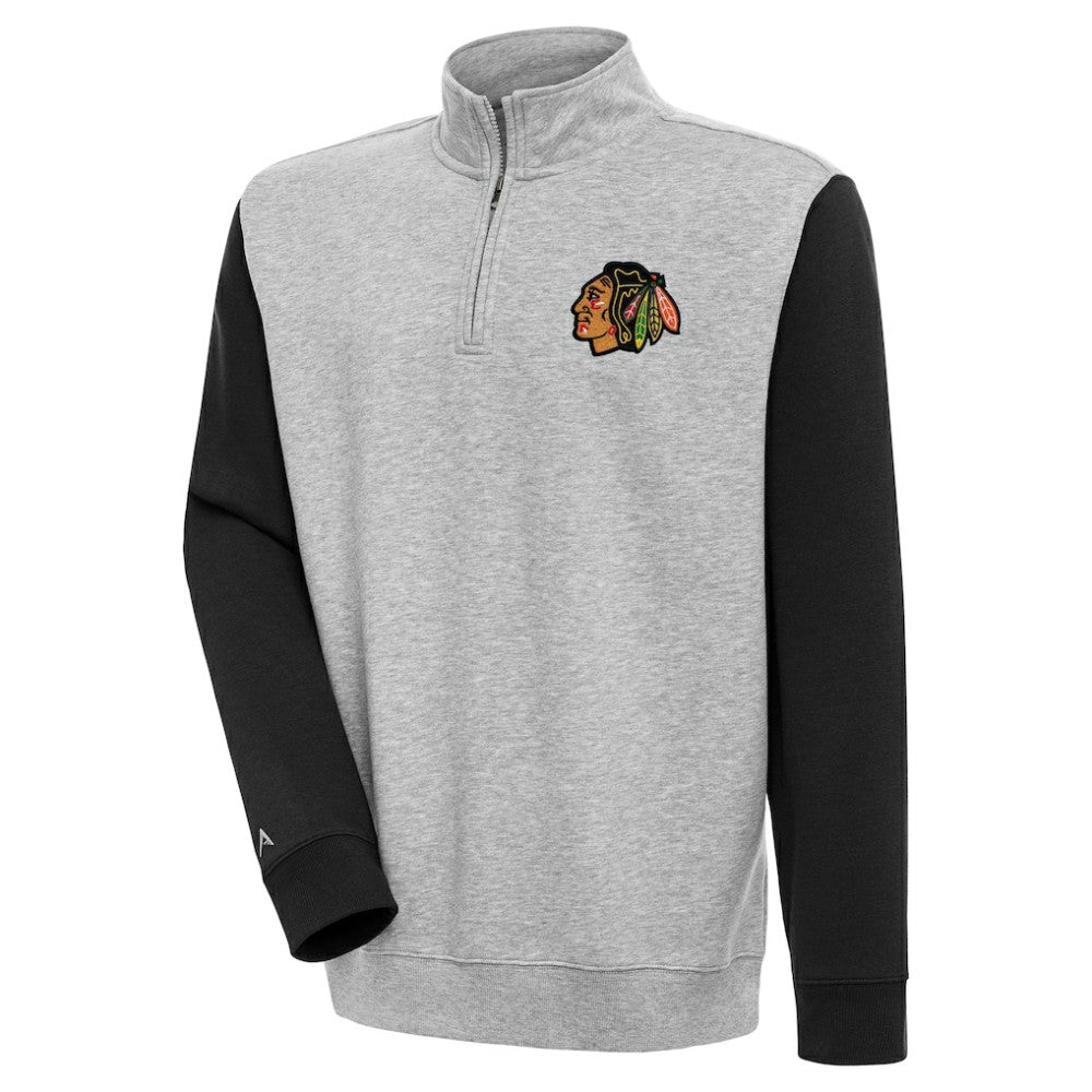 Chicago Blackhawks Antigua Victory Colorblock Quarter-Zip Pullover Top Heather Gray/Black