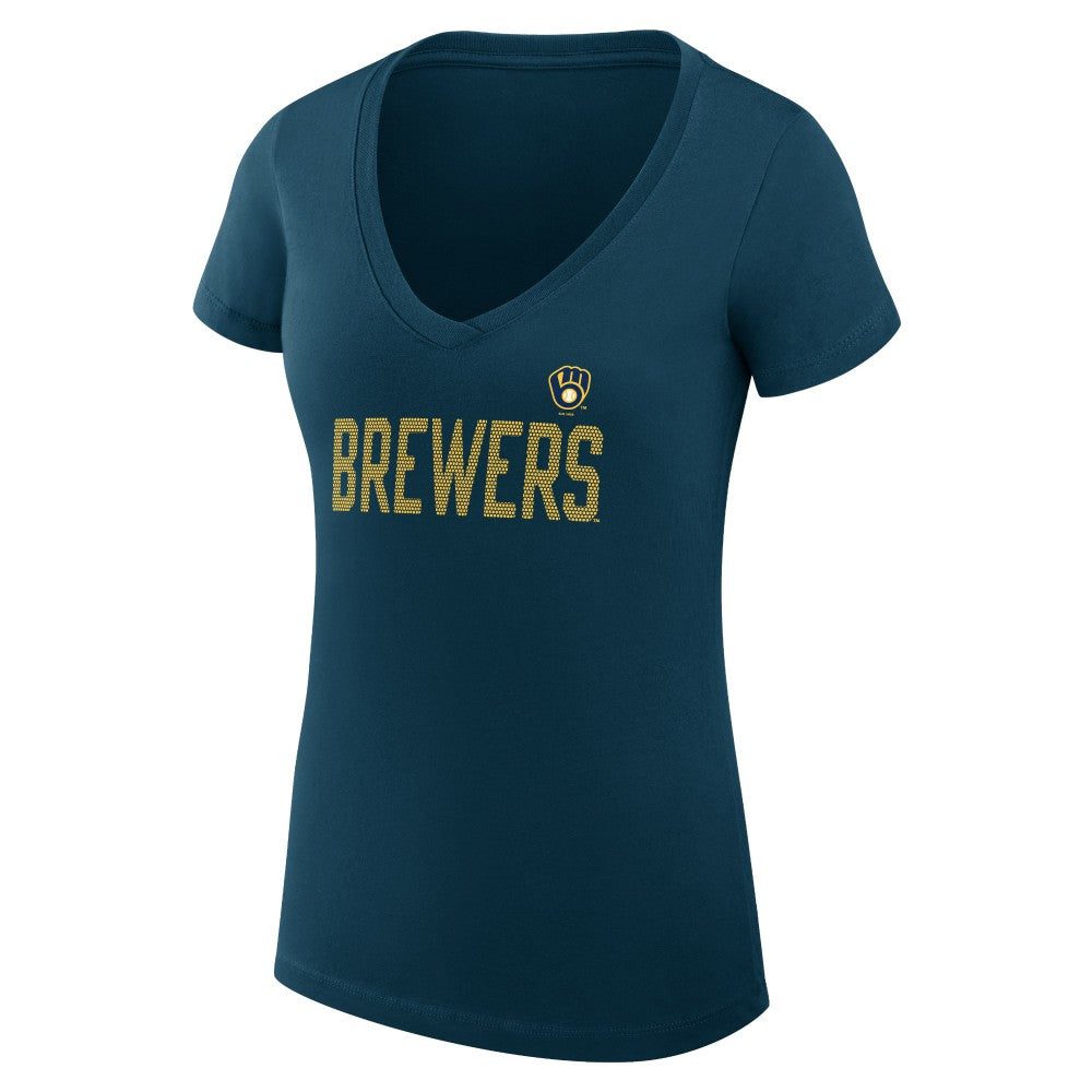 Milwaukee Brewers G-III 4Her by Carl Banks Women's Super-Slim Fit Lightweight Dot Print V-Neck T-Shirt Navy