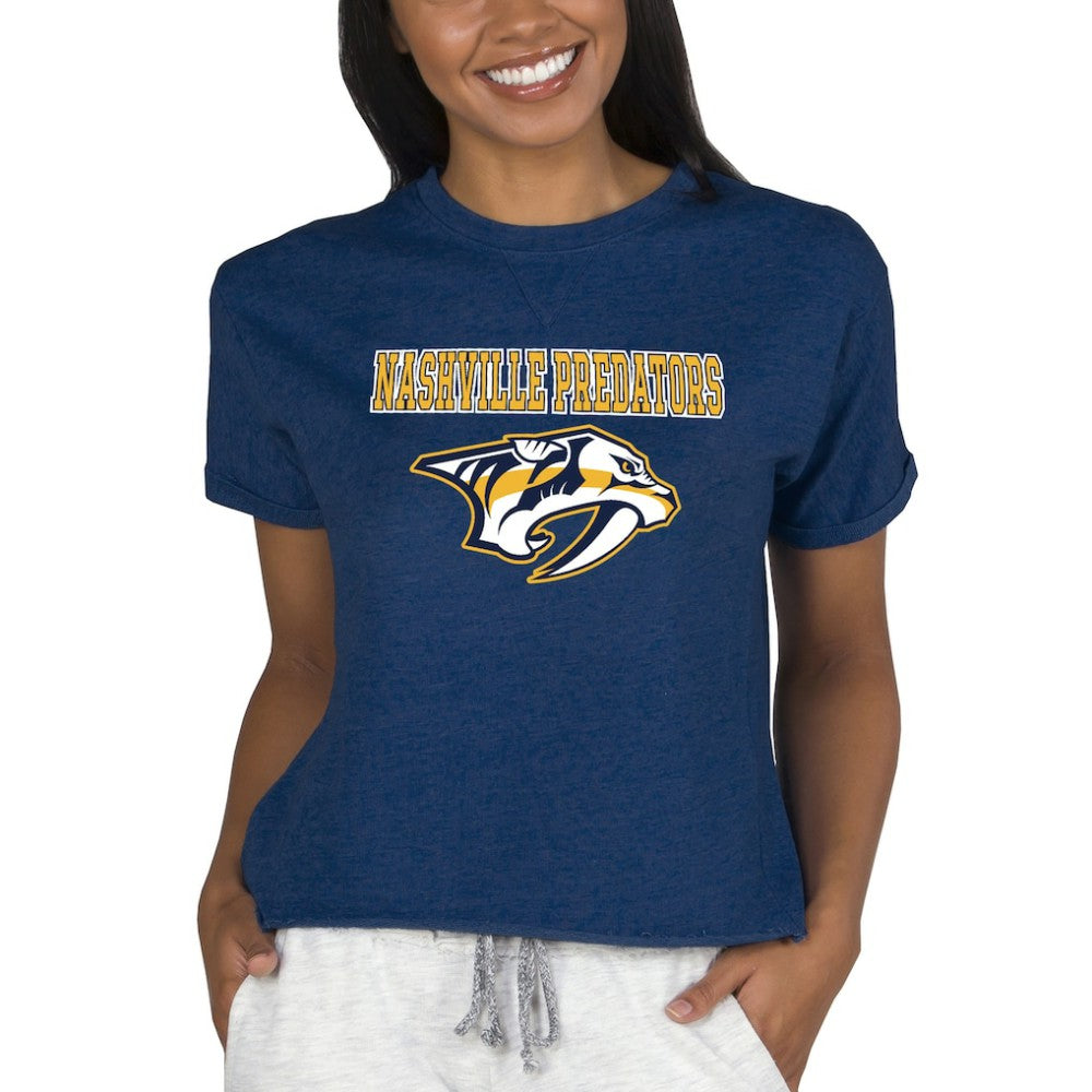 Nashville Predators Concepts Sport Women's Tri-Blend Mainstream Terry Short Sleeve Sweatshirt Top Navy