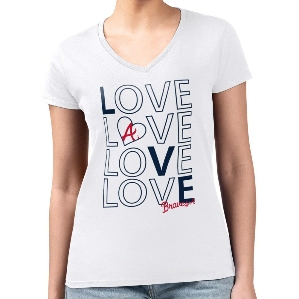 Atlanta Braves G-III 4Her by Carl Banks Women's Super-Slim Fit Lightweight Love Graphic Team V-Neck T-Shirt White
