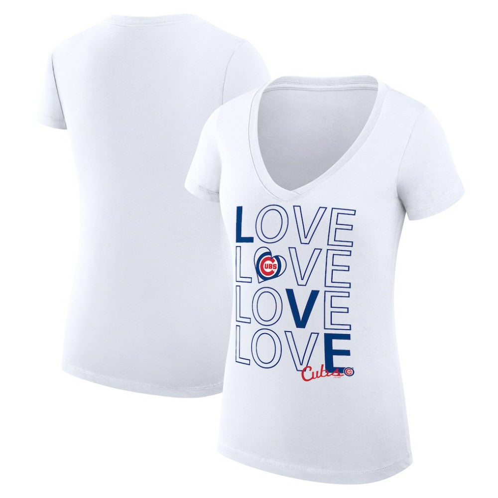 Chicago Cubs G-III 4Her by Carl Banks Women's Super-Slim Fit Lightweight Love Graphic Team V-Neck T-Shirt White