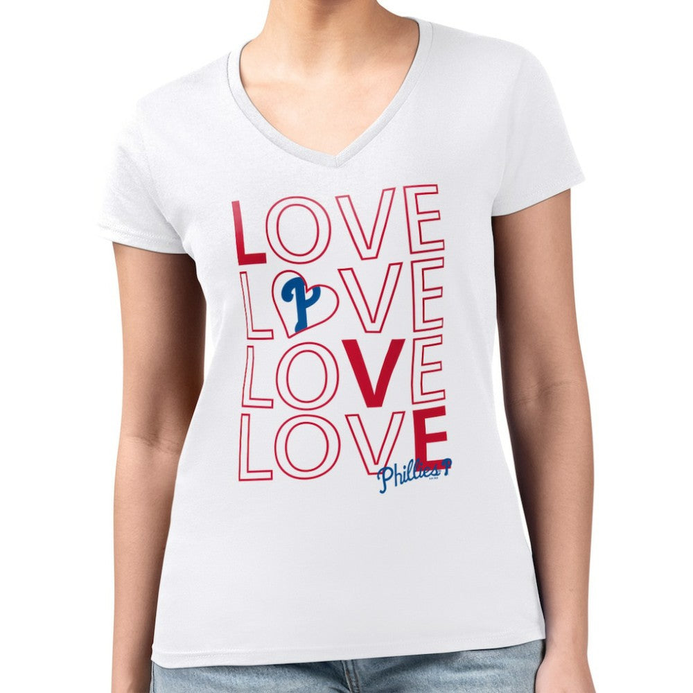 Philadelphia Phillies G-III 4Her by Carl Banks Women's Super-Slim Fit Lightweight Love Graphic Team V-Neck T-Shirt White