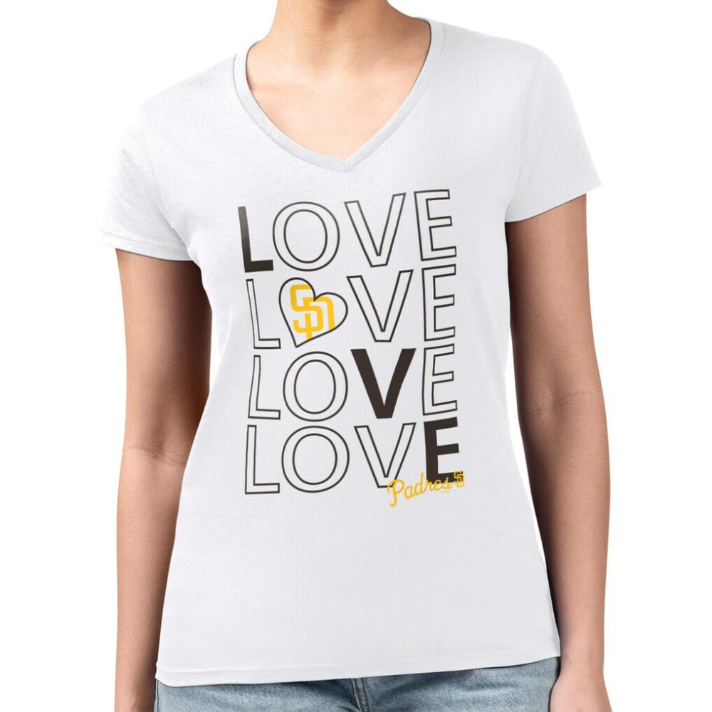San Diego Padres G-III 4Her by Carl Banks Women's Super-Slim Fit Lightweight Love Graphic Team V-Neck T-Shirt White