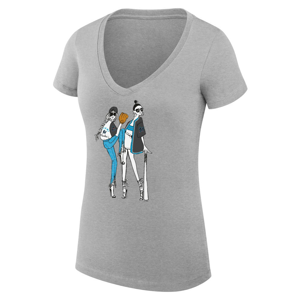 Miami Marlins G-III 4Her by Carl Banks Women's Super-Slim Fit Lightweight Baseball V-Neck T-Shirt Heather Gray