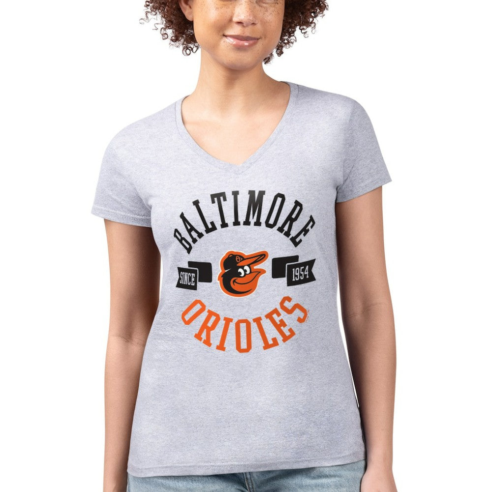 Baltimore Orioles G-III 4Her by Carl Banks Women's Super-Slim Fit Lightweight City Graphic V-Neck T-Shirt Heather Gray
