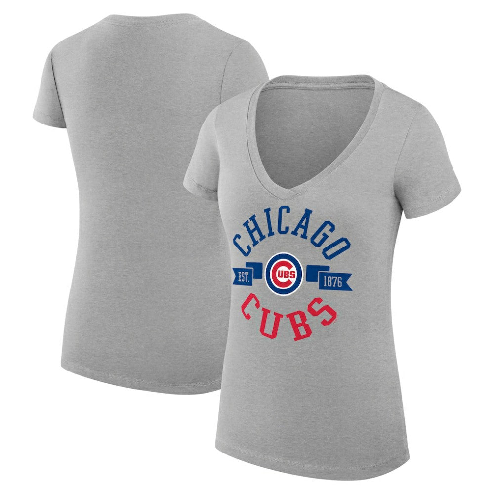 Chicago Cubs G-III 4Her by Carl Banks Women's Super-Slim Fit Lightweight City Graphic V-Neck T-Shirt Heather Gray