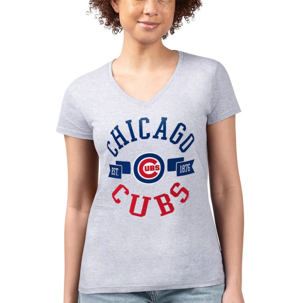 Chicago Cubs G-III 4Her by Carl Banks Women's Super-Slim Fit Lightweight City Graphic V-Neck T-Shirt Heather Gray