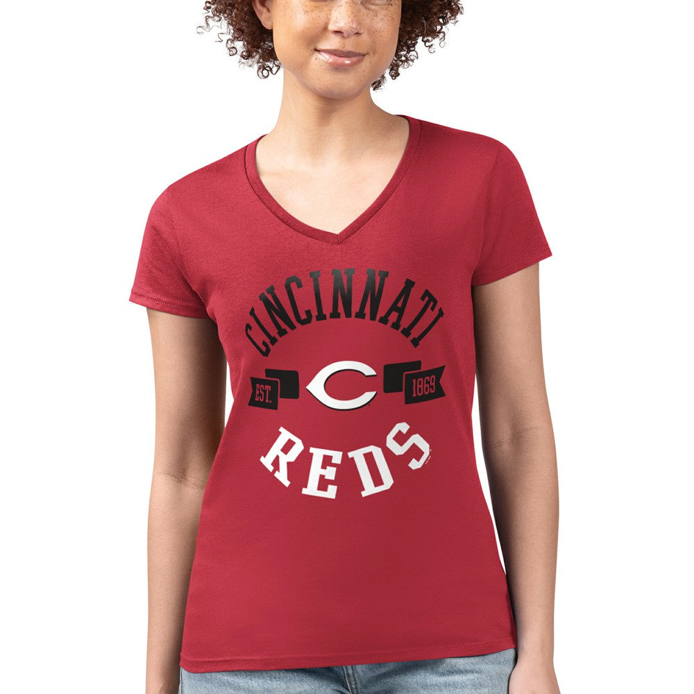 Cincinnati Reds G-III 4Her by Carl Banks Women's Super-Slim Fit Lightweight City Graphic V-Neck T-Shirt Red