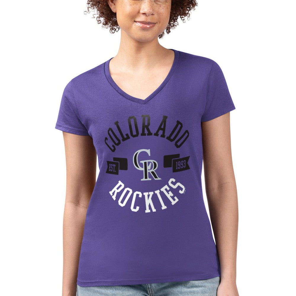 Colorado Rockies G-III 4Her by Carl Banks Women's Super-Slim Fit Lightweight City Graphic V-Neck T-Shirt Purple