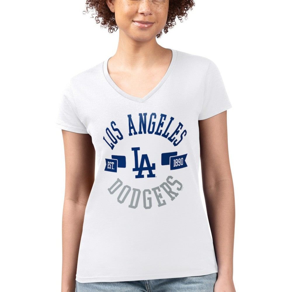 Los Angeles Dodgers G-III 4Her by Carl Banks Women's Super-Slim Fit Lightweight City Graphic V-Neck T-Shirt White