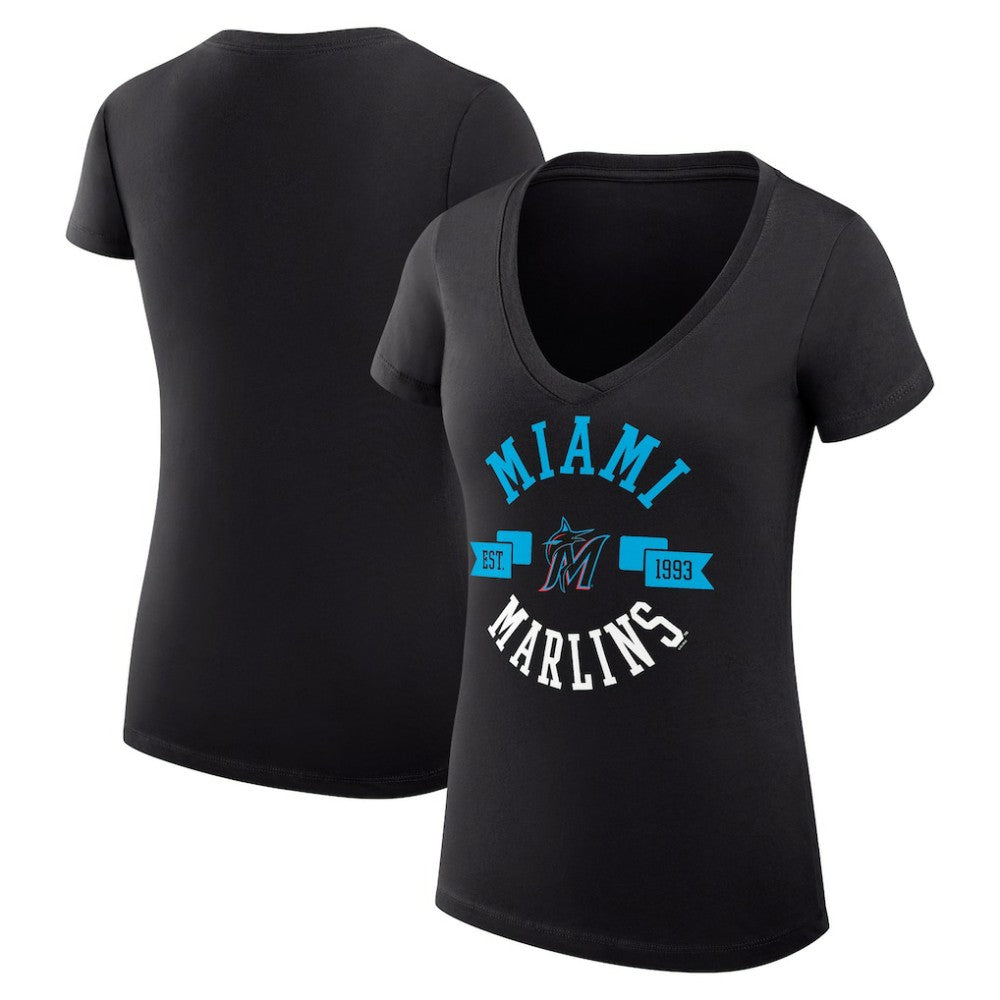 Miami Marlins G-III 4Her by Carl Banks Women's Super-Slim Fit Lightweight City Graphic V-Neck T-Shirt Black