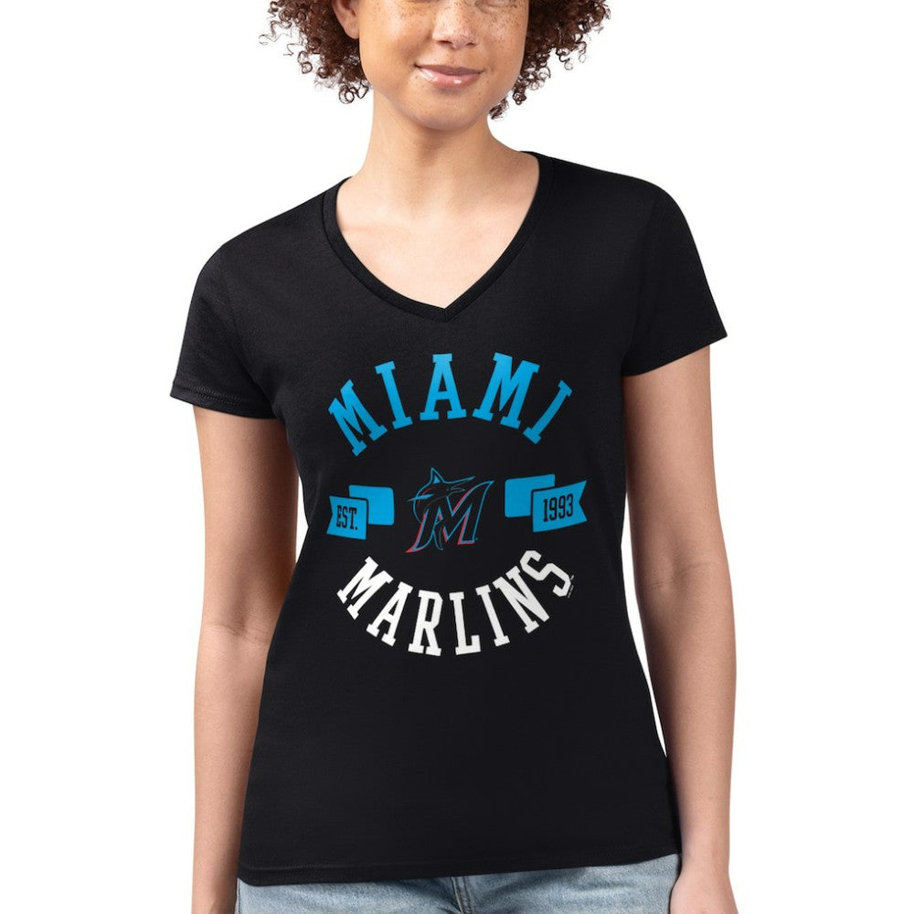 Miami Marlins G-III 4Her by Carl Banks Women's Super-Slim Fit Lightweight City Graphic V-Neck T-Shirt Black