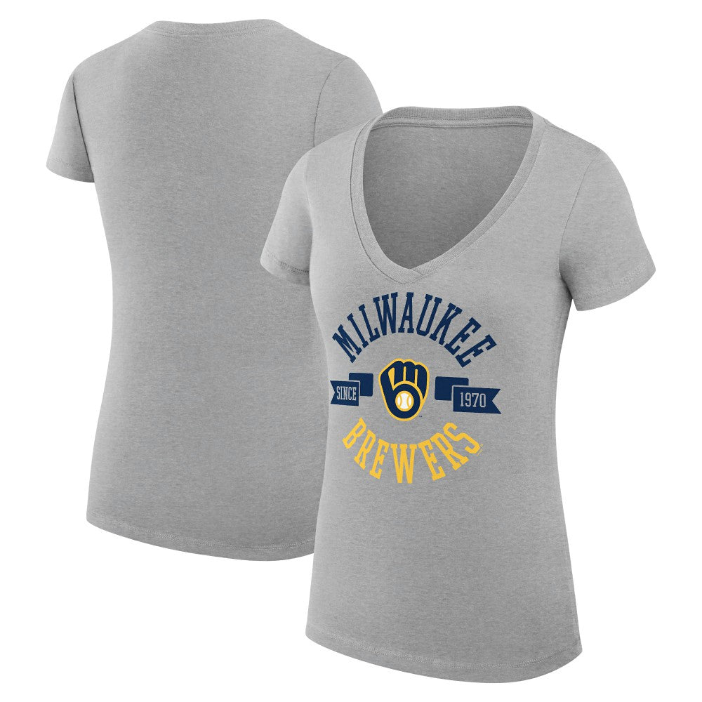 Milwaukee Brewers G-III 4Her by Carl Banks Women's Super-Slim Fit Lightweight City Graphic V-Neck T-Shirt Heather Gray