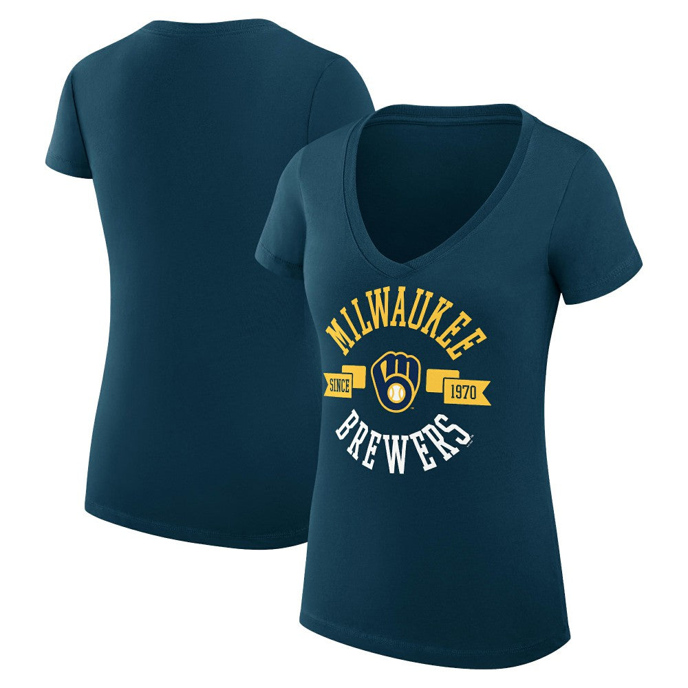 Milwaukee Brewers G-III 4Her by Carl Banks Women's Super-Slim Fit Lightweight City Graphic V-Neck T-Shirt Navy