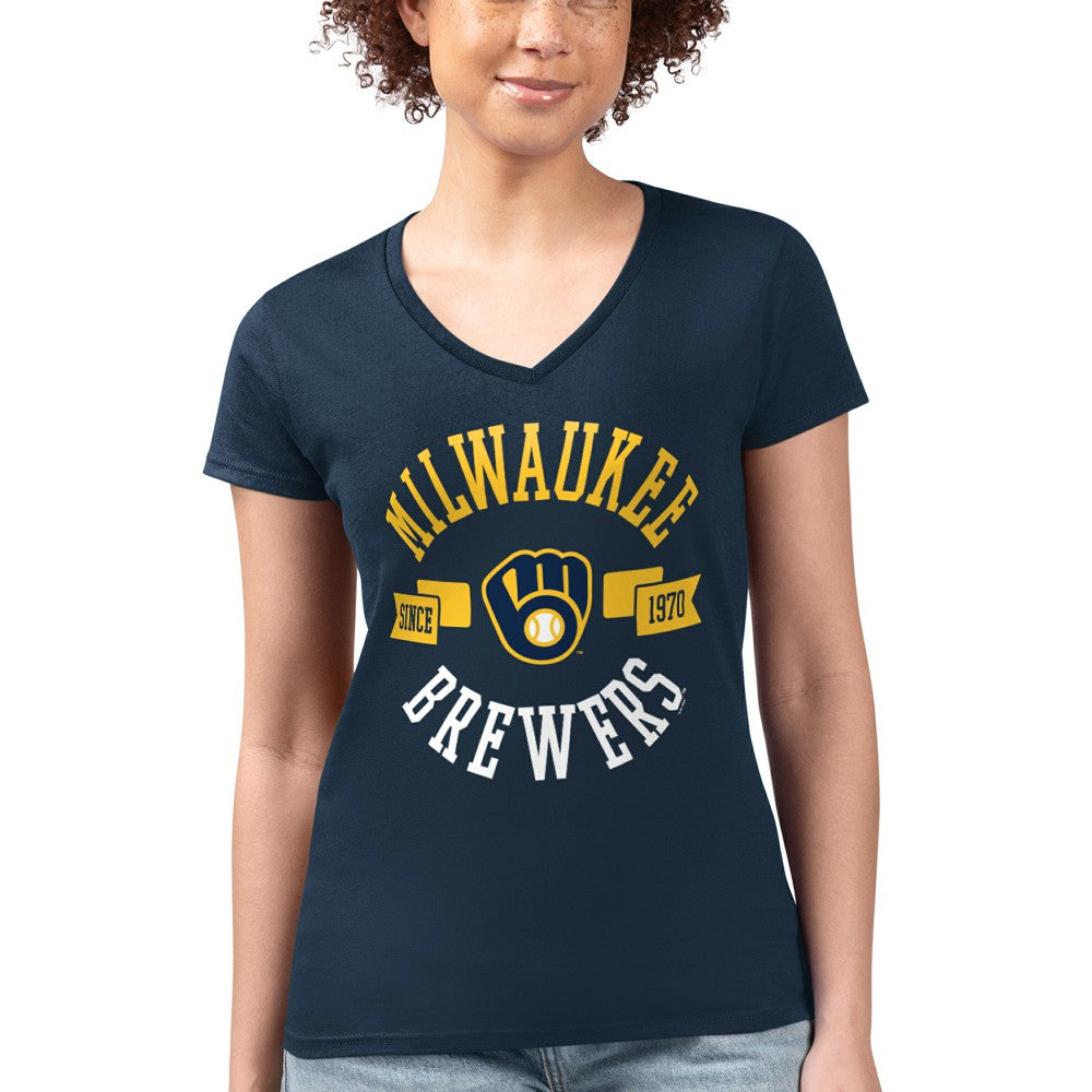Milwaukee Brewers G-III 4Her by Carl Banks Women's Super-Slim Fit Lightweight City Graphic V-Neck T-Shirt Navy