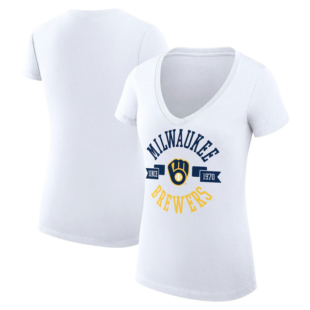 Milwaukee Brewers G-III 4Her by Carl Banks Women's Super-Slim Fit Lightweight City Graphic V-Neck T-Shirt White