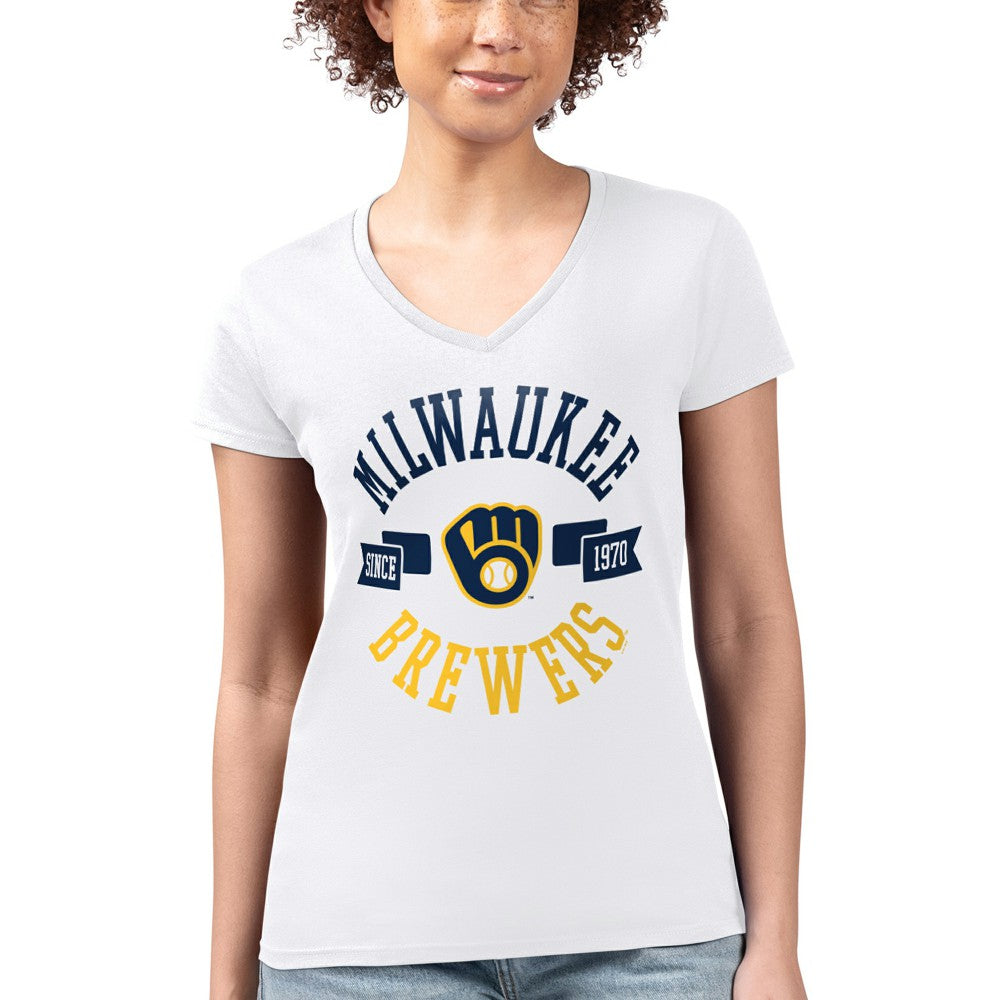 Milwaukee Brewers G-III 4Her by Carl Banks Women's Super-Slim Fit Lightweight City Graphic V-Neck T-Shirt White