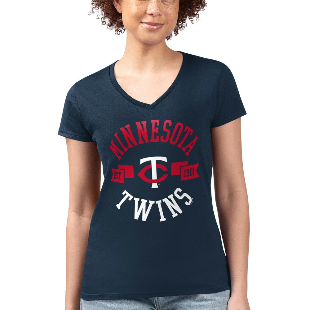 Minnesota Twins G-III 4Her by Carl Banks Women's Super-Slim Fit Lightweight City Graphic V-Neck T-Shirt Navy