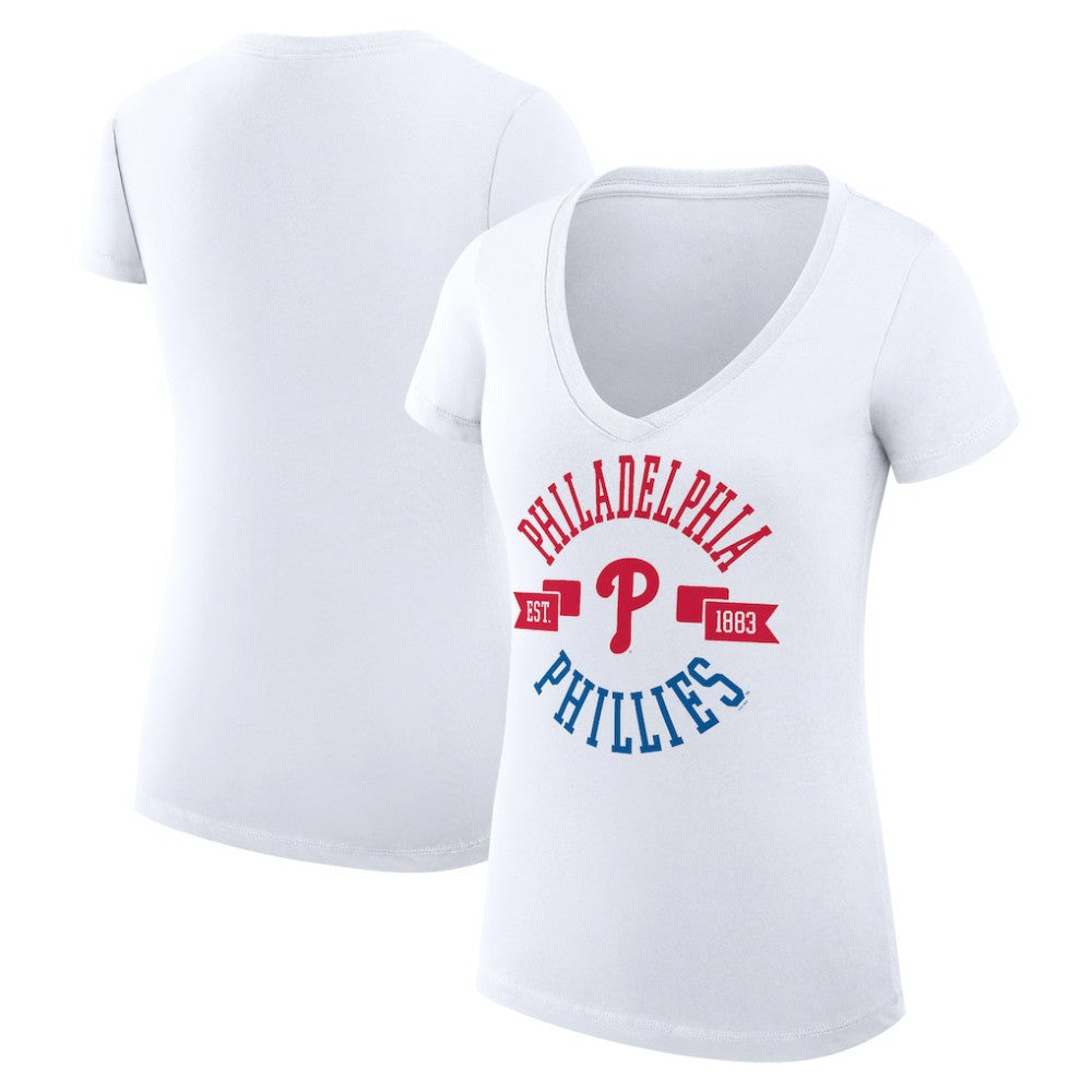 Philadelphia Phillies G-III 4Her by Carl Banks Women's Super-Slim Fit Lightweight City Graphic V-Neck T-Shirt White