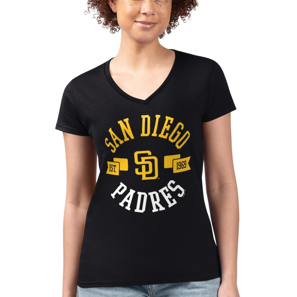 San Diego Padres G-III 4Her by Carl Banks Women's Super-Slim Fit Lightweight City Graphic V-Neck T-Shirt Black