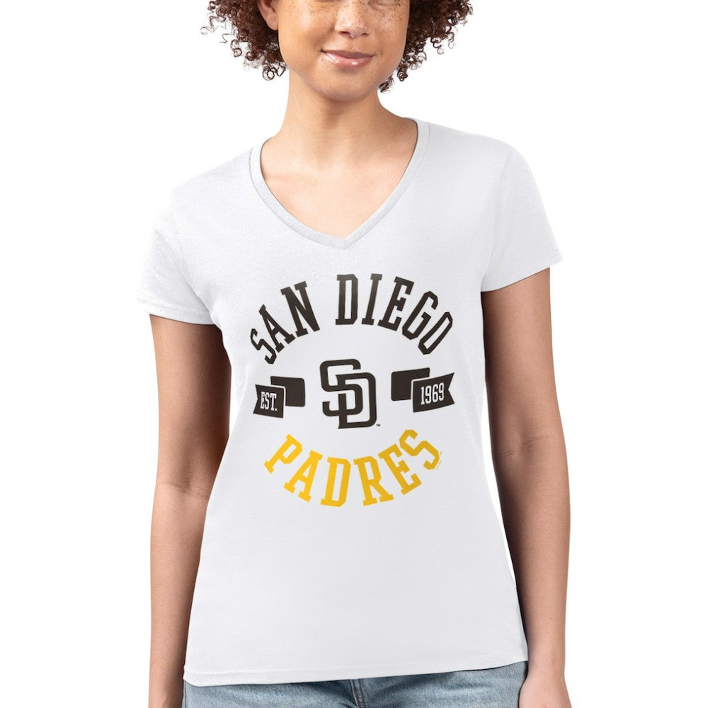 San Diego Padres G-III 4Her by Carl Banks Women's Super-Slim Fit Lightweight City Graphic V-Neck T-Shirt White