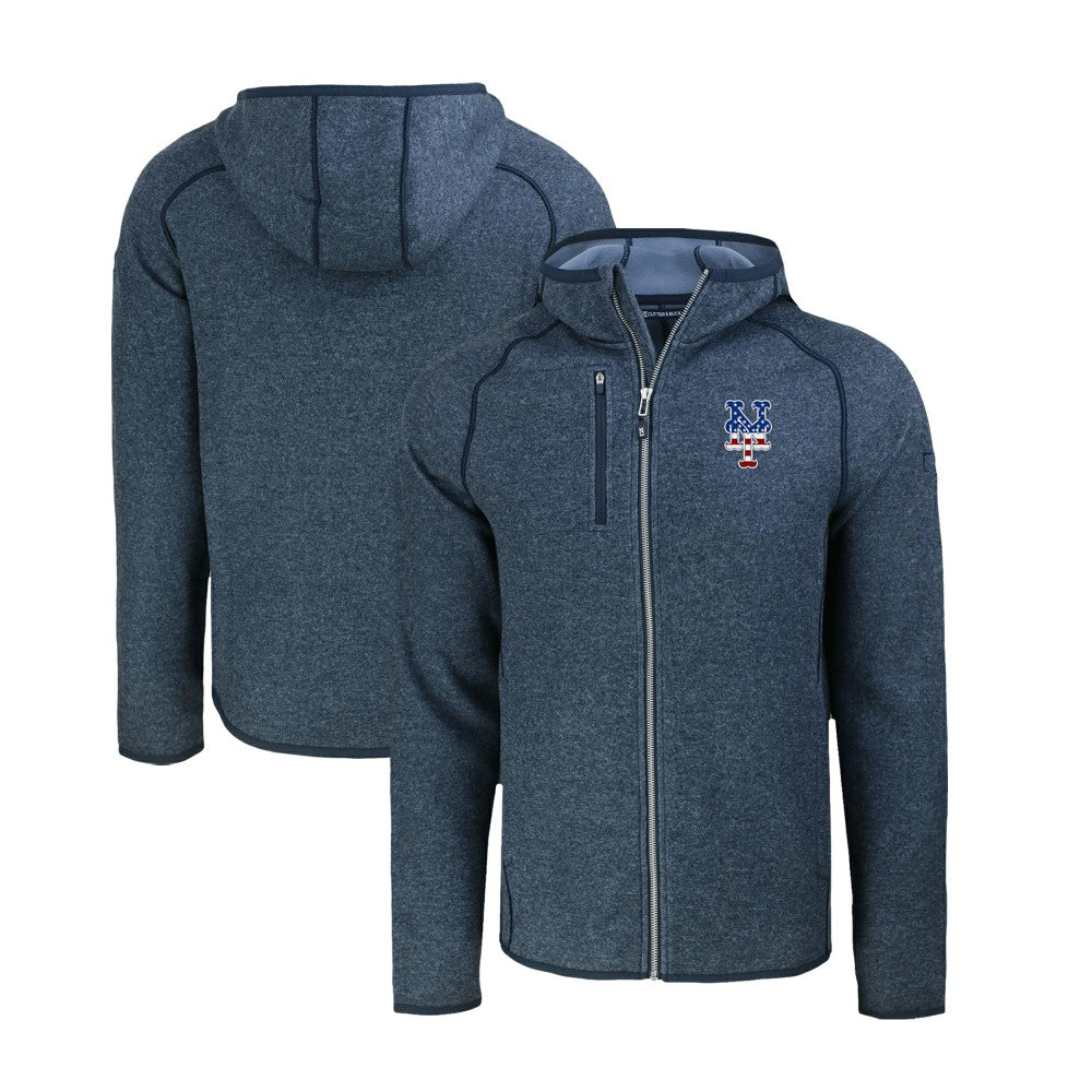 New York Mets Cutter & Buck Stars & Stripes Mainsail Sweater-Knit Full-Zip Hoodie Heather Navy