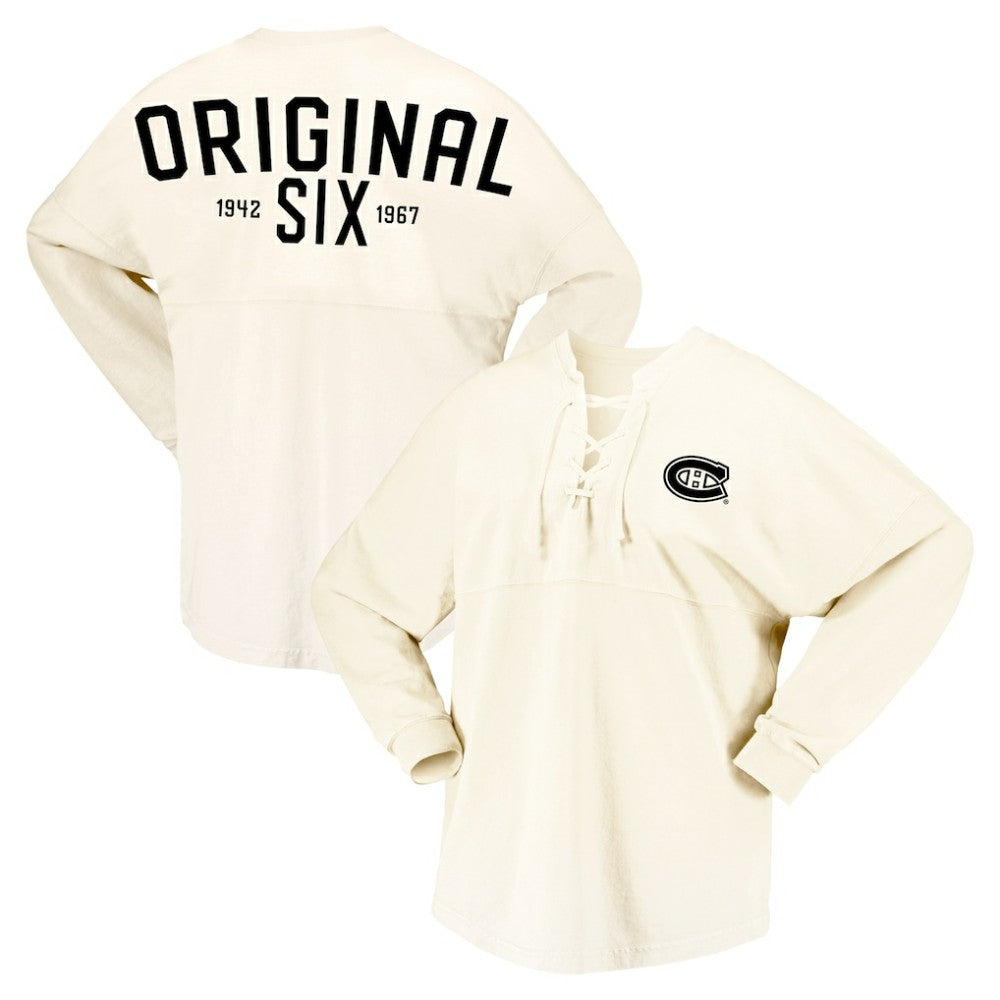 Montreal Canadiens Fanatics Women's Original Six Lace-Up Spirit Jersey Long Sleeve T-Shirt Cream
