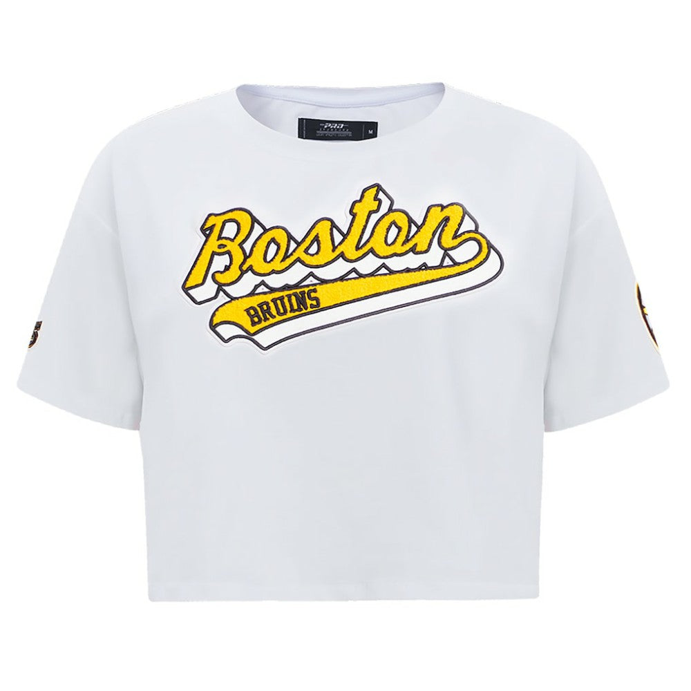 Boston Bruins Pro Standard Women's Boxy Script Tail Cropped T-Shirt White