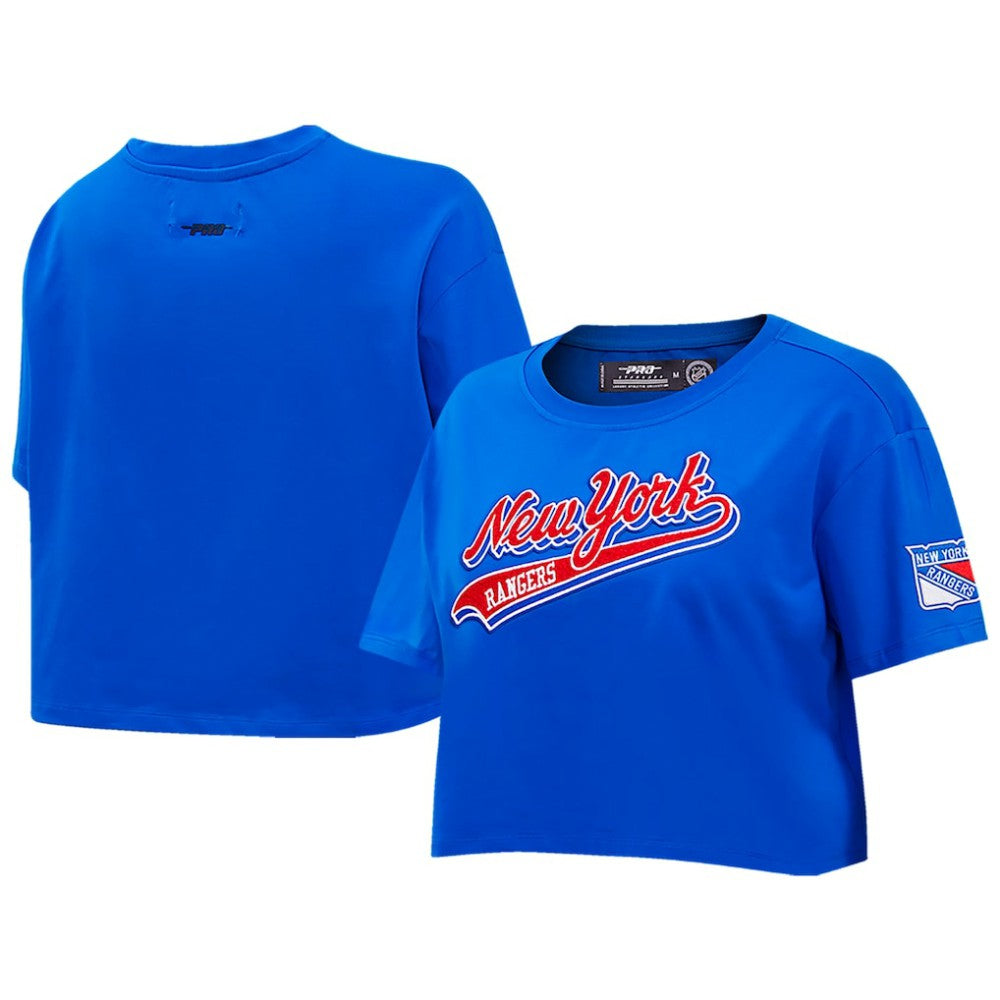 New York Rangers Pro Standard Women's Boxy Script Tail Cropped T-Shirt Blue
