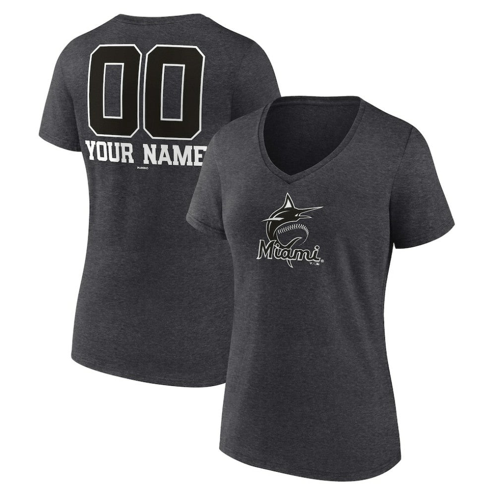 Miami Marlins Women's Personalized Monochrome Name & Number V-Neck T-Shirt Charcoal
