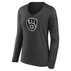 Milwaukee Brewers Women's Personalized Monochrome Name & Number Long Sleeve V-Neck T-Shirt Charcoal