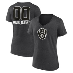 Milwaukee Brewers Women's Personalized Monochrome Name & Number V-Neck T-Shirt Charcoal