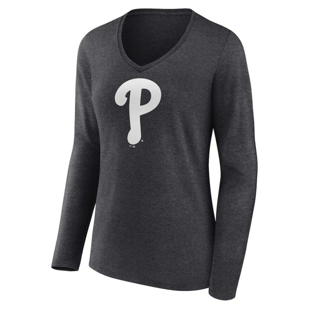 Philadelphia Phillies Women's Personalized Monochrome Name & Number Long Sleeve V-Neck T-Shirt Charcoal