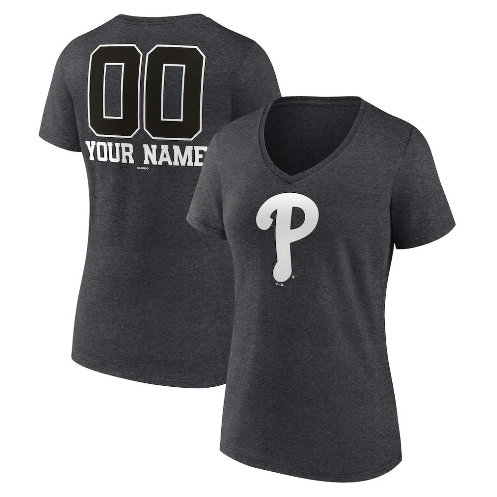 Philadelphia Phillies Women's Personalized Monochrome Name & Number V-Neck T-Shirt Charcoal