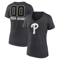 Philadelphia Phillies Women's Personalized Monochrome Name & Number V-Neck T-Shirt Charcoal